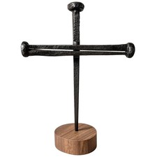 Jesus Crucifixion Nail Metal Cross with Wooden Base - Passion of Christ Relig...