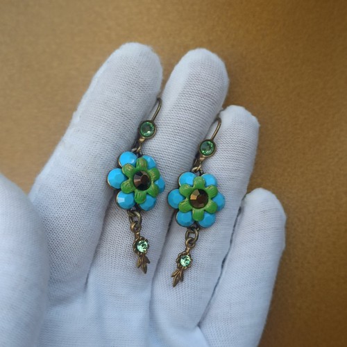Michal Negrin Earrings Green Turquoise Blue Large Flower Crystals Gift Runway - Picture 11 of 11
