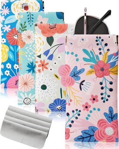 4 Pcs Squeeze Top Sunglass Case with Cleaning Cloth, Soft Leather Flower&4