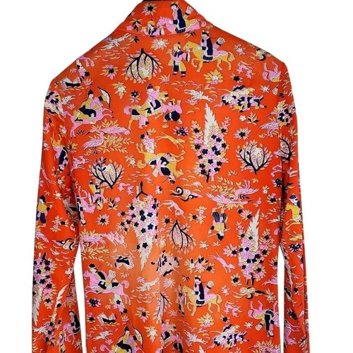 Vintage 70s Asian Inspired Maxi Dress Sz 7 | Bold Orange Novelty Print Boho Mod - Picture 5 of 6