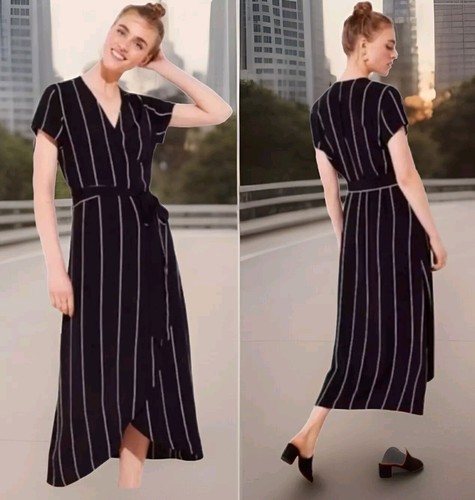 Ann Taylor Loft 2XL True Wrap Dress Vertical Striped SS Black Midi - Picture 2 of 15