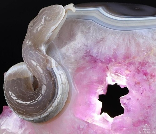 Amazing 5.7" Agate Amethyst Geode Carved Crystal Skull with Snake, Healing - Picture 9 of 18