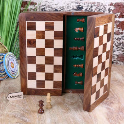 Shatranj Holz Schachspiel 26 cm magnetisch mit Aufbewahrung Geschenk Reisegröße Handarbeit