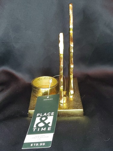 Metal Tea Light Candle Holder Home Decor 6” NEW Gold Pine Trees - Picture 6 of 6