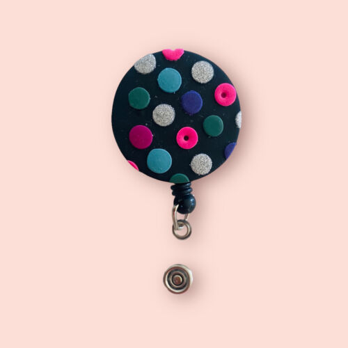 Handmade - CLAY - Retractable Badge Reel - 'Scrub Colours - Black Pink Teal S... - Zdjęcie 1 z 8