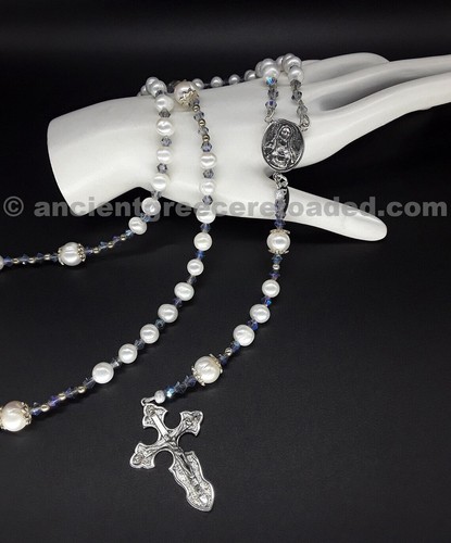 Die Perle Mondstein 5 Jahrzehnte Katholischer Rosenkranz, 925 Silber Kreuz, Perlen, Mondstein - Bild 5 von 7