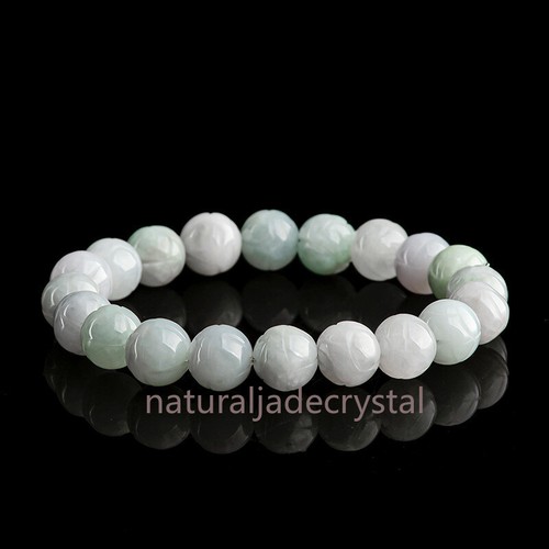 Certified Natural Burma Type A Jade Jadeite Carved Lotus Beads Bracelet 7.5" - Picture 6 of 14