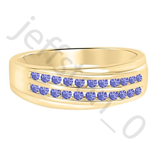 0.90 Ctw Lab Created Tanzanite 14K Yellow Gold Over Two Rows Band Men's Ring - Picture 2 of 5