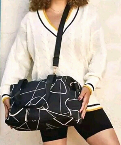 Mali + Lili Canvas Weekender Bag 16x6x11 Leopard Cream Black Removable Strap NEW