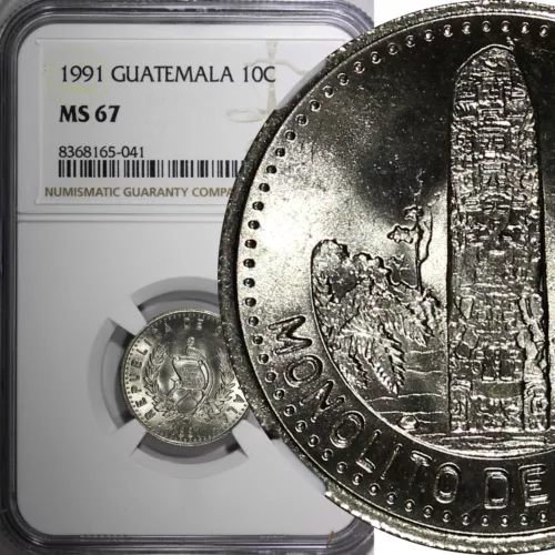 Guatemala Copper-Nickel 1991 10 Centavos NGC MS67 GEM BU KM# 277.5 (041)