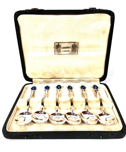 Antique 1930s Sterling Silver & Enamel Coffee / Tea Spoons by Liberty London - Picture 2 of 11