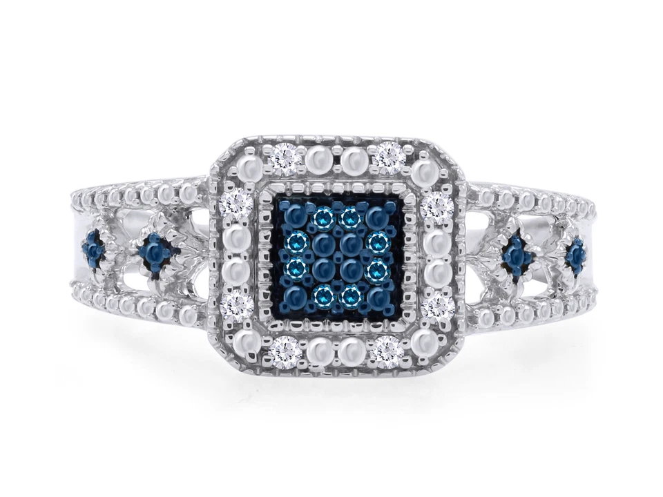 Anillo de compromiso redondo de diamantes reales azules y blancos de plata de ley 925 Foto 2 de 4