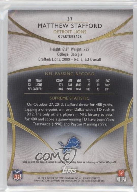 2014 Topps Supreme Green /25 Matthew Stafford #37 - Image 2 of 2