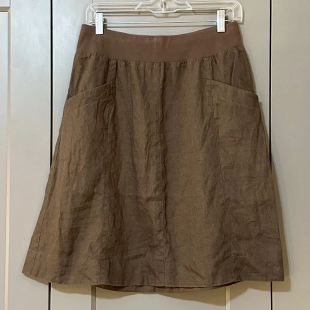 Eileen Fisher A-Line Skirt 100% Linen Pull-On Knee Length Pockets Brown Size XS