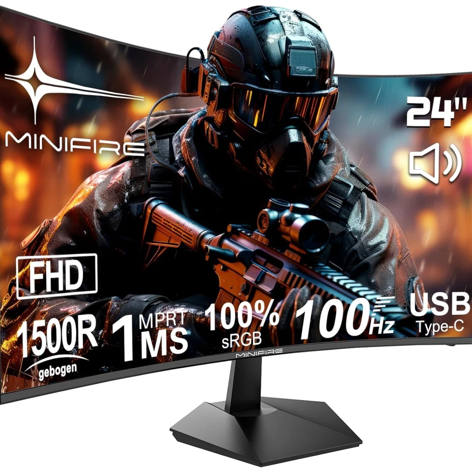 24 Zoll Full HD Curved Gaming Monitor 100Hz USB-C HDMI Lautsprecher