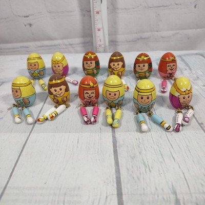 Set of 12 Unique Wooden Easter Egg People Sitting Holiday Decor Pastel Painted