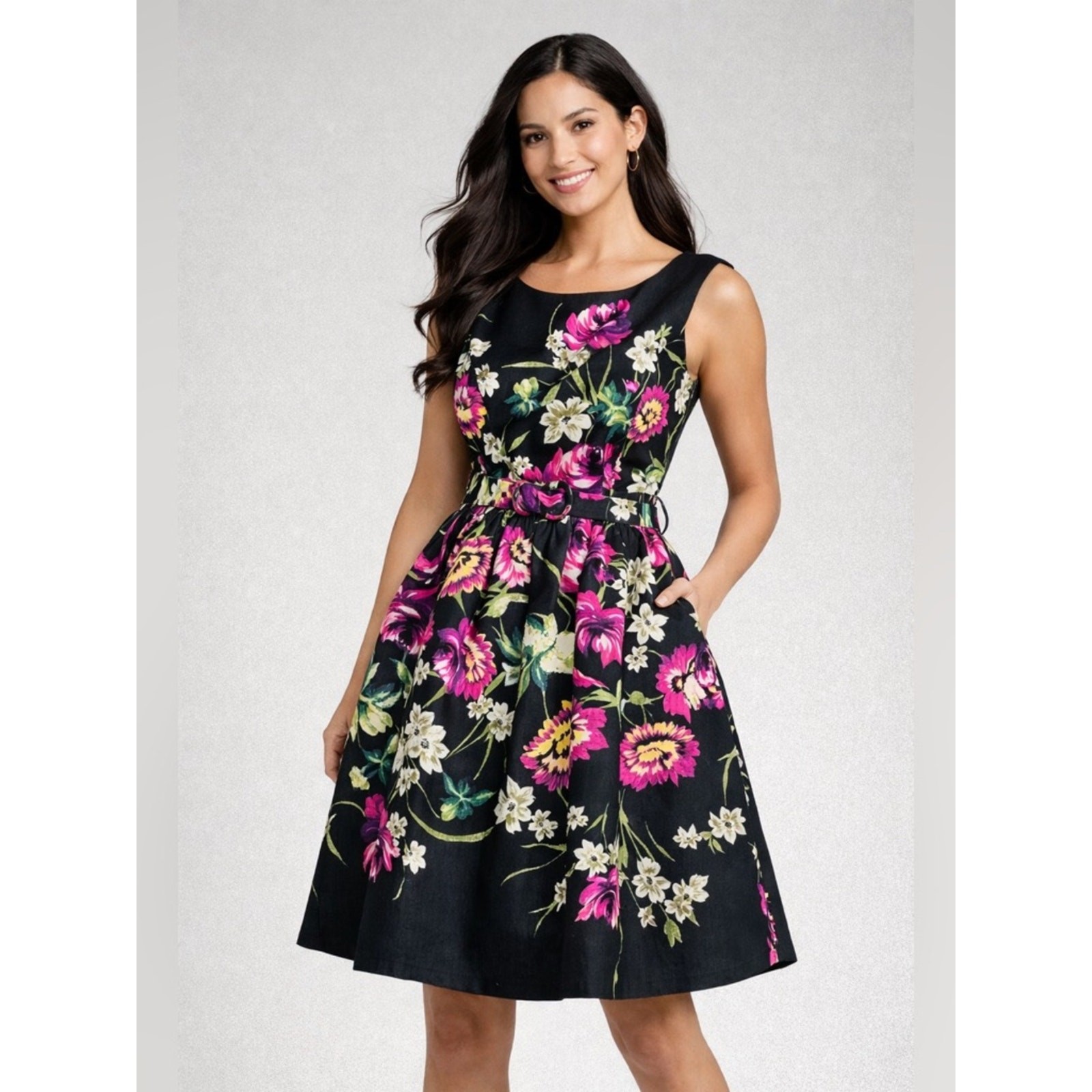 Eliza J Floral Fit & Flare Dress Black Pink Belted Sleeveless Size 12