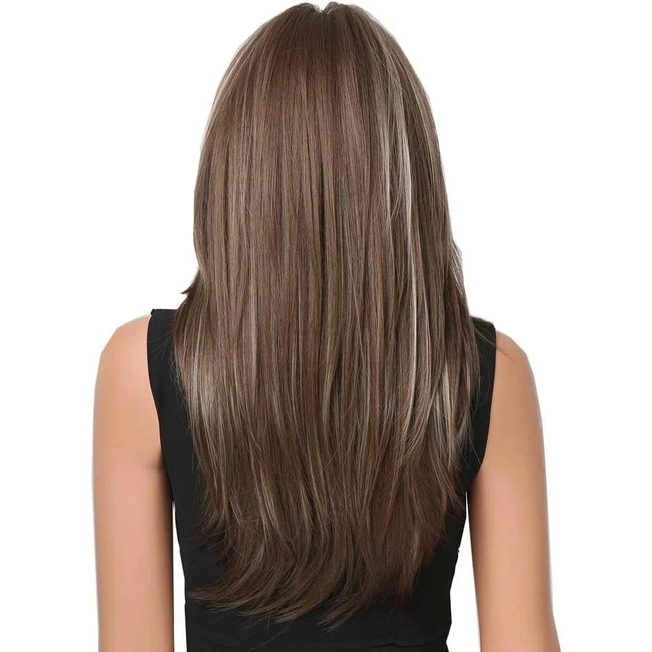 Perucas femininas fantasia cabelo sintético loiro marrom misto longo reto com franjas - Imagem 4 de 4