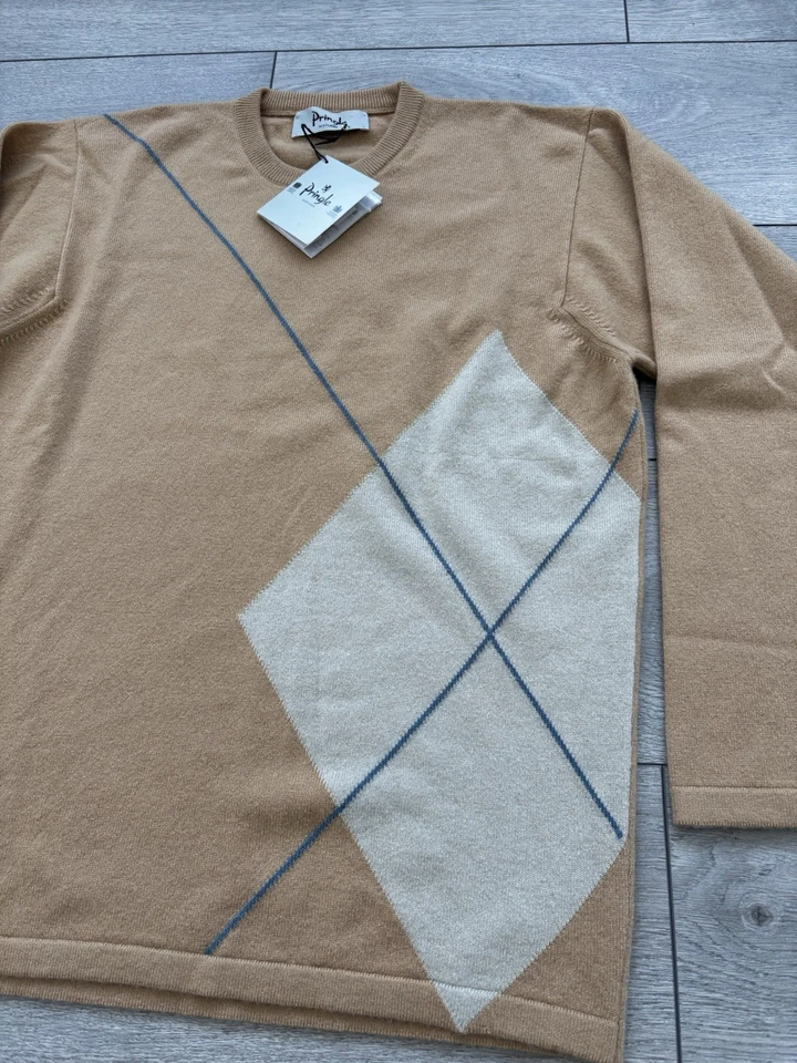 Pringle Scotland 100% Cashmere Jumper Men’s Size S Camel Beige Argyle Knit Golf - Image 2 of 4