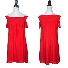 Anthropologie S Amadi Praslin Red Smocked Off the Shoulder Knee Length Dress
