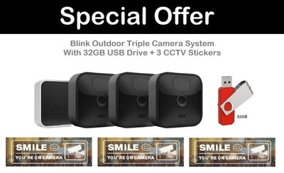 Blink Outdoor Triple Kamera System + Sync Modul + 32GB + 3 klare CCTV Aufkleber
