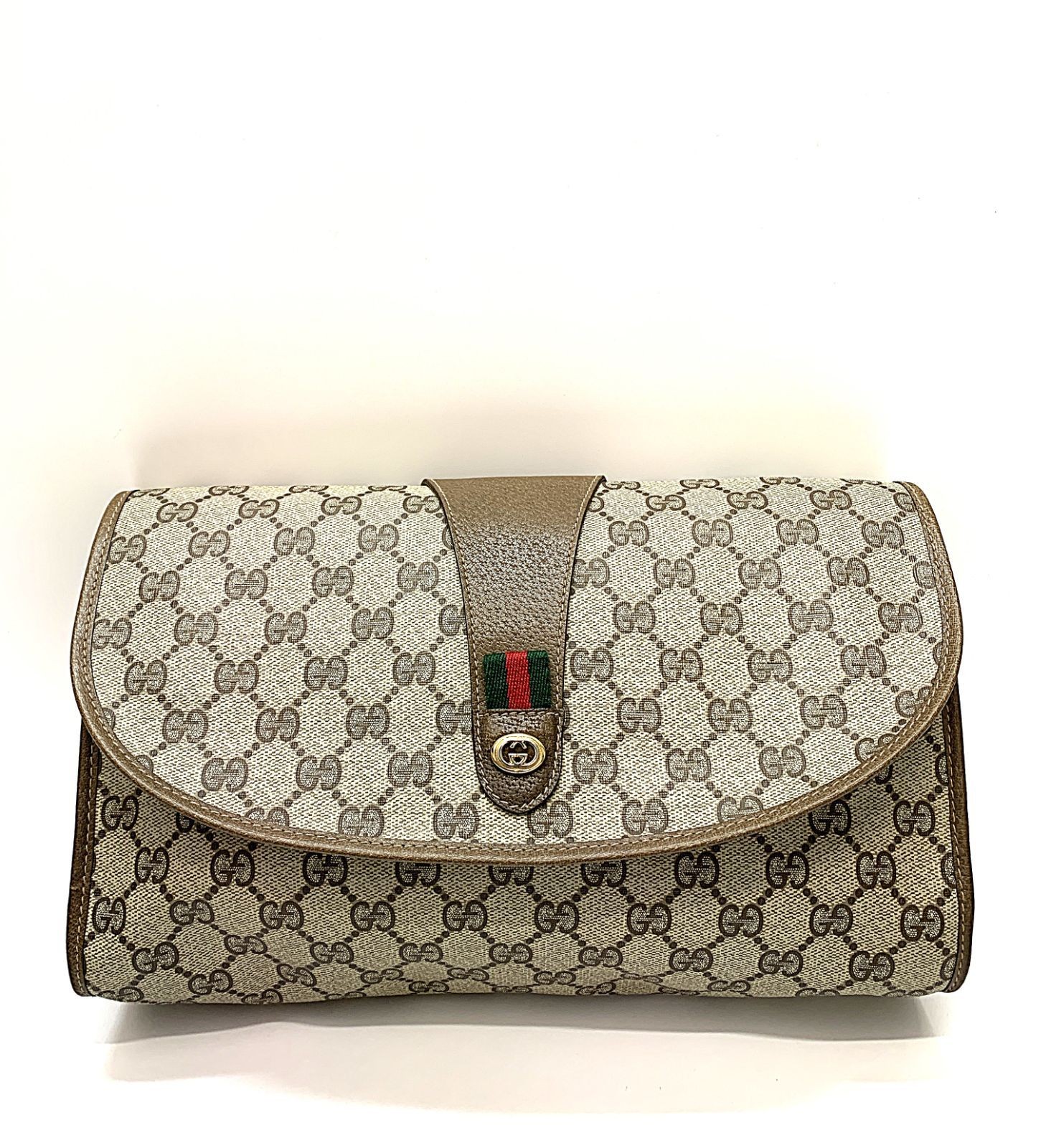GUCCI Old Gucci Clutch Bag Brown GG Supreme Canvas Leather Authentic Vintage
