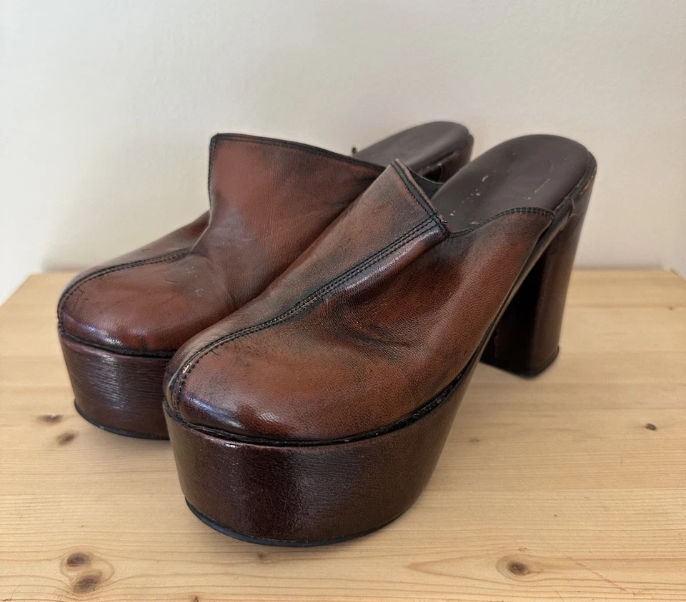 Tacones de mula de bloque de madera de cuero italiano vintage de los años 70 RARO - TOTAR de Barneschi Foto 2 de 4