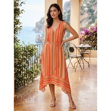 Vince Camuto Orange Multi Stripe Handkerchief Hem Midi Dress Large
