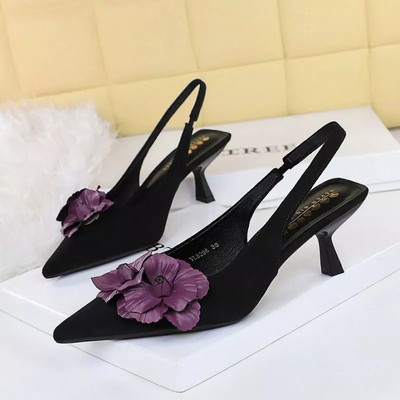 Pumps schwarz mit lila Blume Absatz 6 cm elegant für Zeremonie CF48145