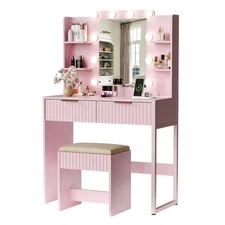 Fluted Pink Vanity Desk with Lights & Power Outlet, Makeup Dressing Table