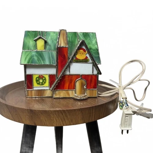 Santas Village Stained Glass 1994 Vintage Light Up Tiffany Style Christmas House