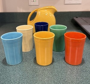 Vintage Fiestaware Juice Set with Yellow Pitcher and 6 Tumblers 1939–1943 Fiesta
