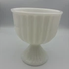 White Milk Glass Ribbed Pedestal Planter Dish Vase - Vintage MCM - 6.5" H