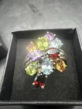 925 Sterling Silver Multi Gemstone Cluster Cocktail Ring Amethyst UK Size R