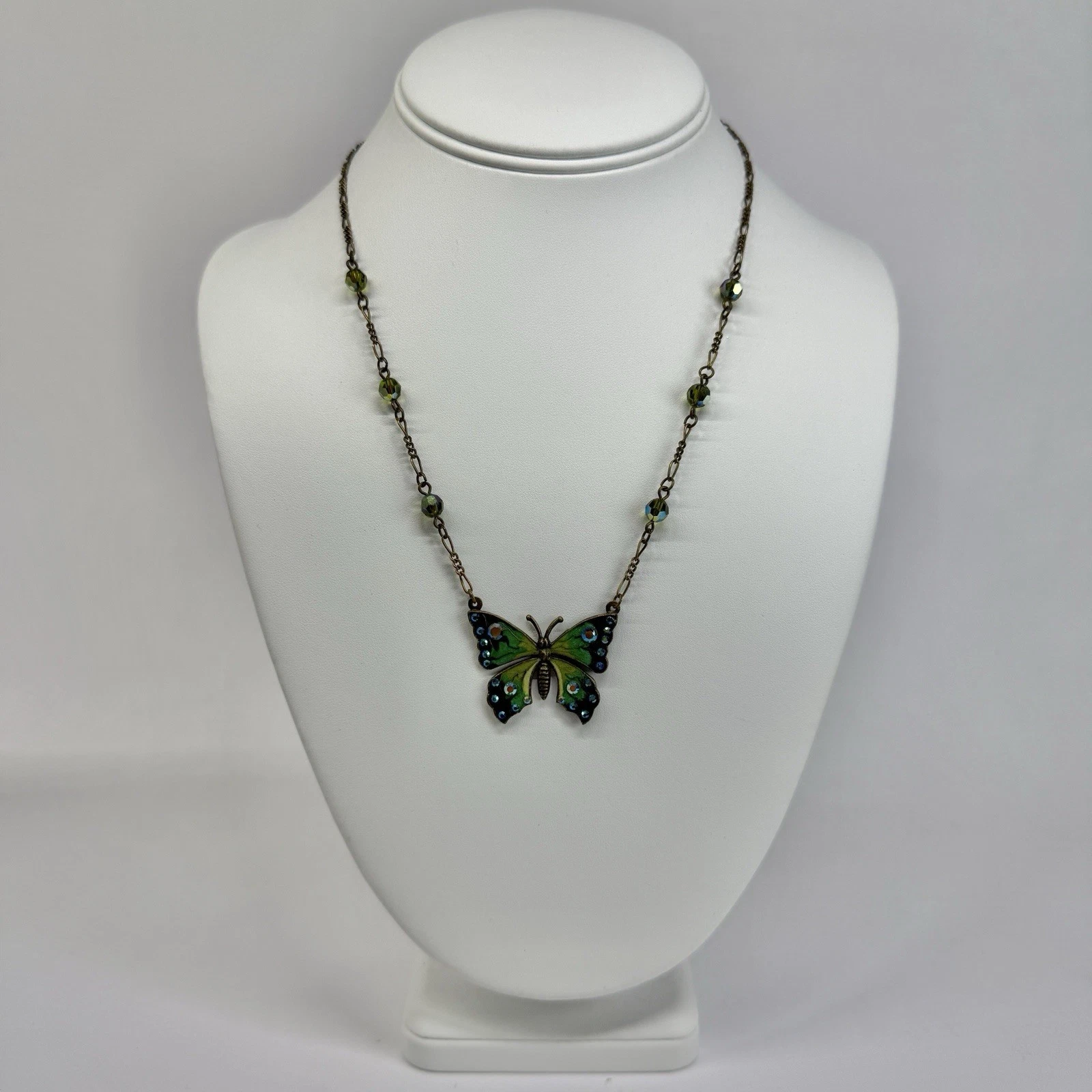 ANNE KOPLIK DESIGNS Butterfly Green Enamel Crystal Vintage Necklace Jewelry N384