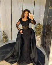 Black Mermaid Wedding Dresses with Detachable Train Long Sleeve Applique