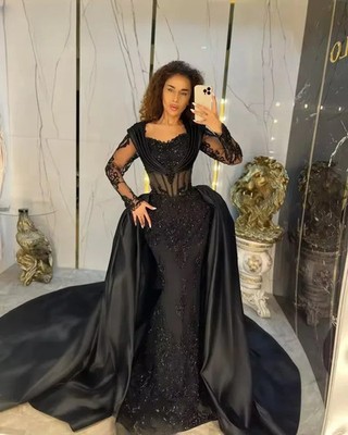 Black Mermaid Wedding Dresses with Detachable Train Long Sleeve Applique | eBay Black Mermaid Wedding Dresses with Detachable Train Long Sleeve Applique | eBay