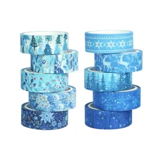 Winter Washi Tape Set, 10 Rolls - Blue Snowflake & Flower Decorative Tape