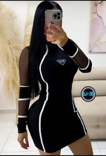 Prada Black/White Bodycon Mini Dress Sheer Long Sleeves High Neck Size SJ-35