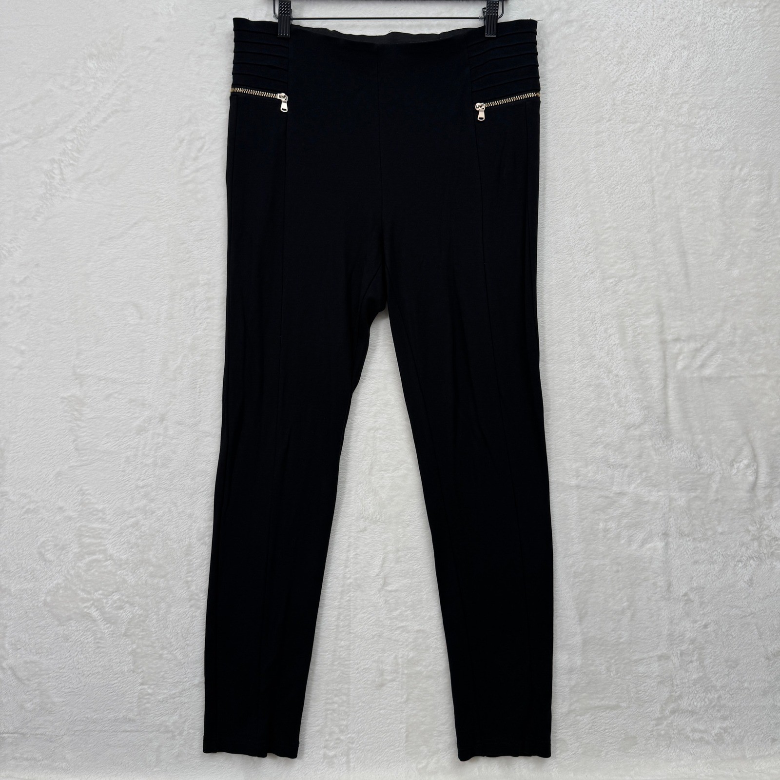 Zara Leggings Womens XL Black High Rise Moto Pleated Gold Zipper Slim Fit Skinny