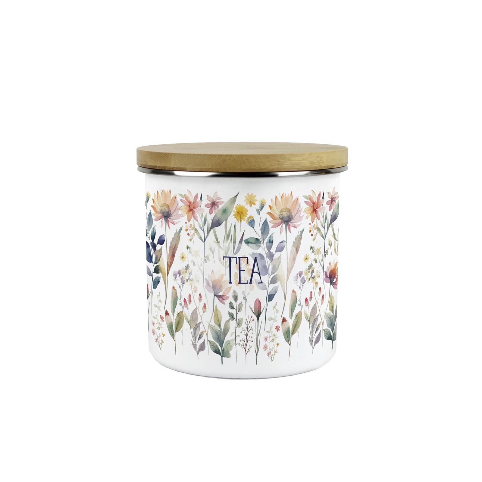 Pastel Flowers Tea Canister - Enamel Kitchen Storage Container Floral Gifts
