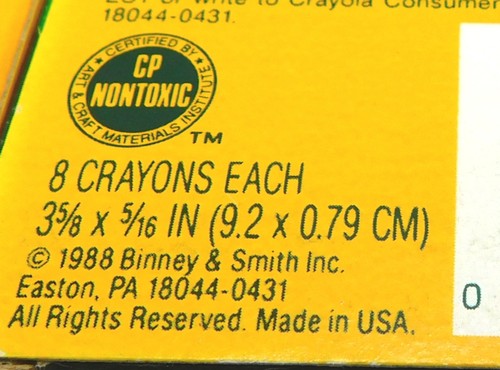 Yellow box with 8 packs of Crayola crayons, 35/8 x 5/8 IN, non-toxic materials, made in U.S.A.