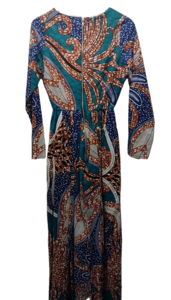 Vestido Largo Grass Fields Estampado de Cera Talla 8 Manga Larga Azul Verde Marrón Nuevo Foto 3 de 4