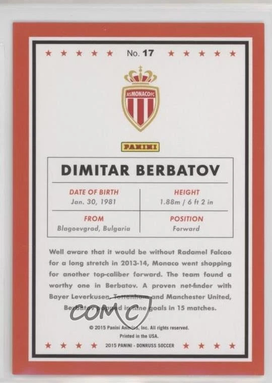 2015 Panini Donruss Gold Panini Logo /10 Dimitar Berbatov #17 - Image 2 of 2