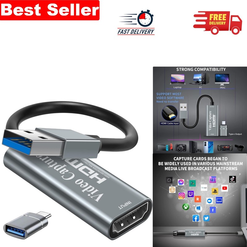 HDMI Video Capture Card - Supports 1080p Video for Game Recording & Teaching