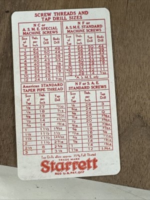 VINTAGE STARRETT TOOLS DECIMAL EQUIVALENT & TAP DRILL SIZES POCKET ...