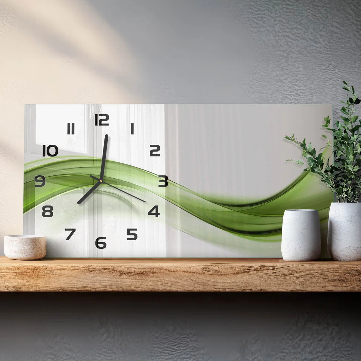 Reloj de Pared Rectangular Horizontal Vidrio Templado Premium Ola Verde 60x30 cm