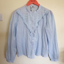 JDY Blue Blouse Shirt Sz M Broderie Prairie Lace Cotton New