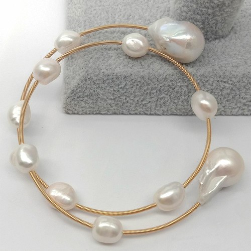 White Baroque Freshwater Pearl Keshi Pearl Adjustable Bracelet - Picture 6 of 7