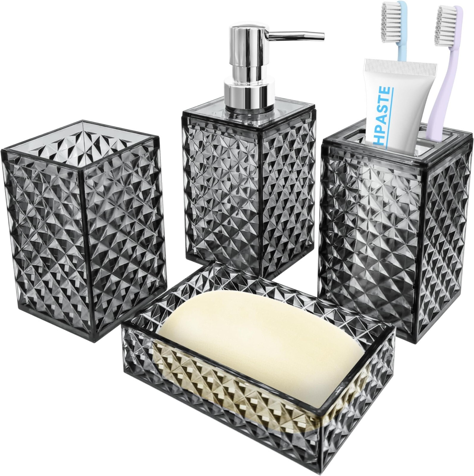Soap Dispenser and Toothbrush Holder Set, Soap Dish and Mouthwash Cup, Boho Bath-image